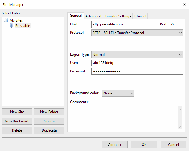 FileZilla FTP/SFTP Information Entry Fields