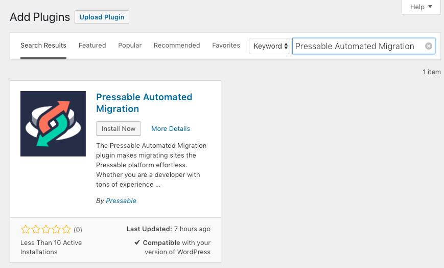 Downloading the Pressable automated migration plugin on WordPress