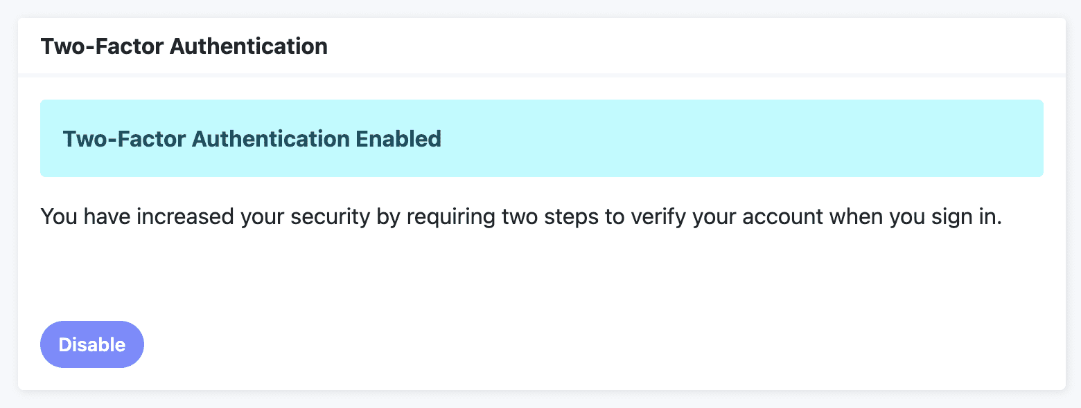 A prompt from Pressable indicating that two-factor authentication was enabled