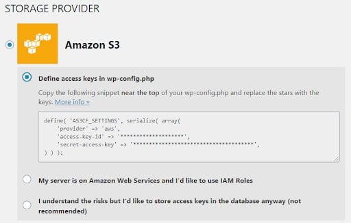 Amazon S3 storage provider access key.