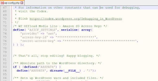 Viewing and editing the wp-config.php file.