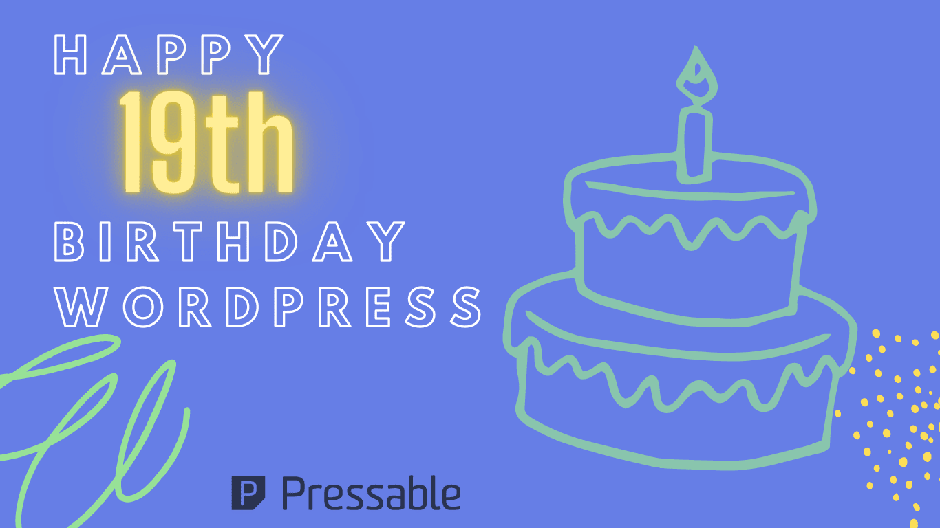Purple background with a cake outlined in green, the words read "Happy 19th Birthday WordPress"