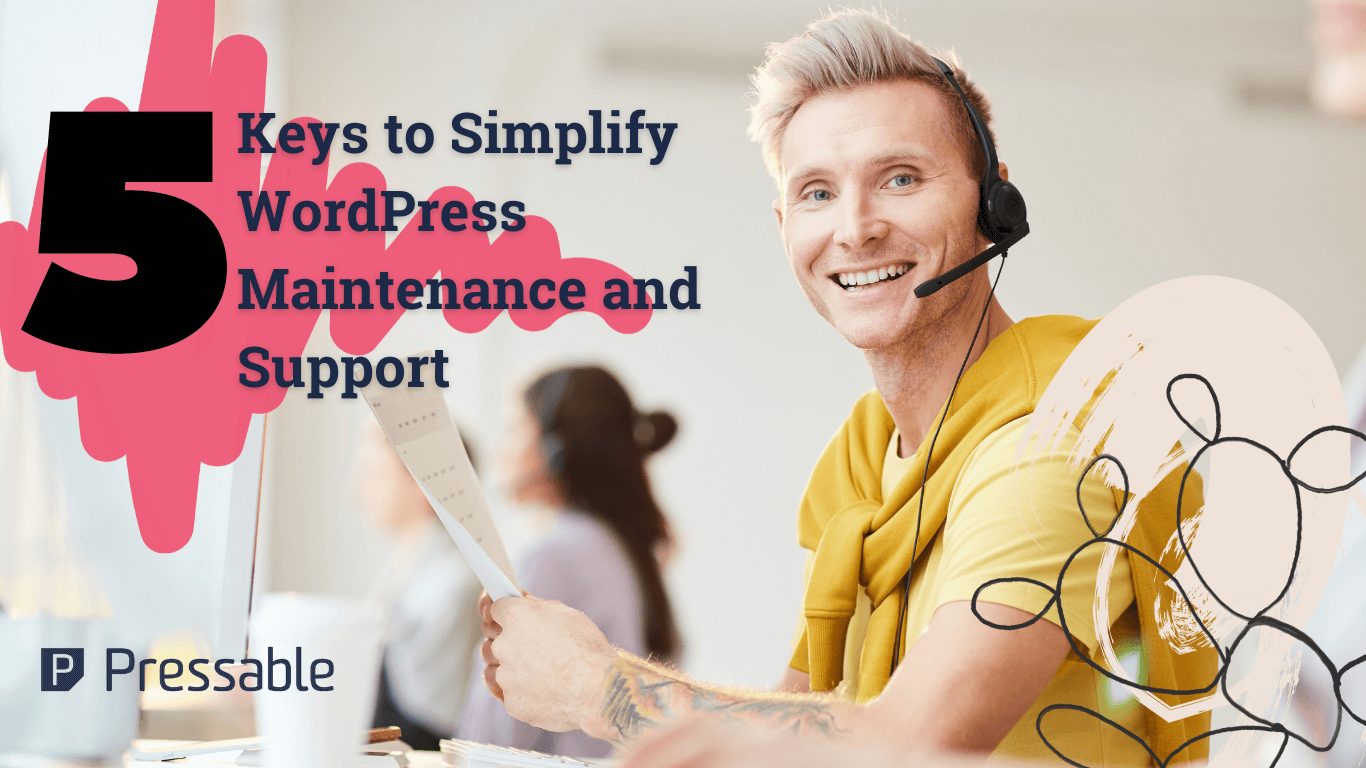 Customer support man wearing yellow shirt and headset looking happy holding paper with Pressable logo