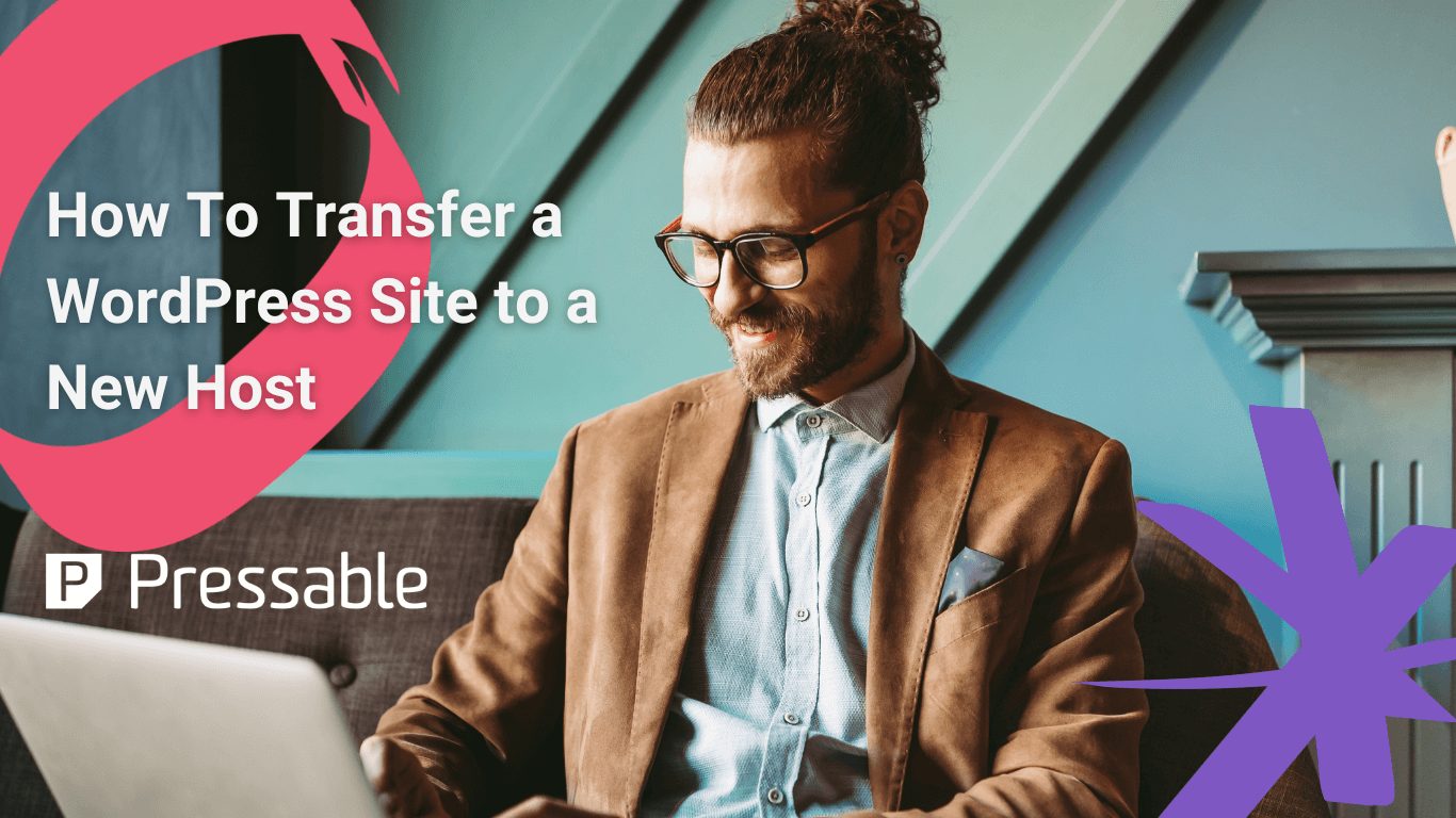 Man with beard wearing glasses working on his laptop with pressable logo